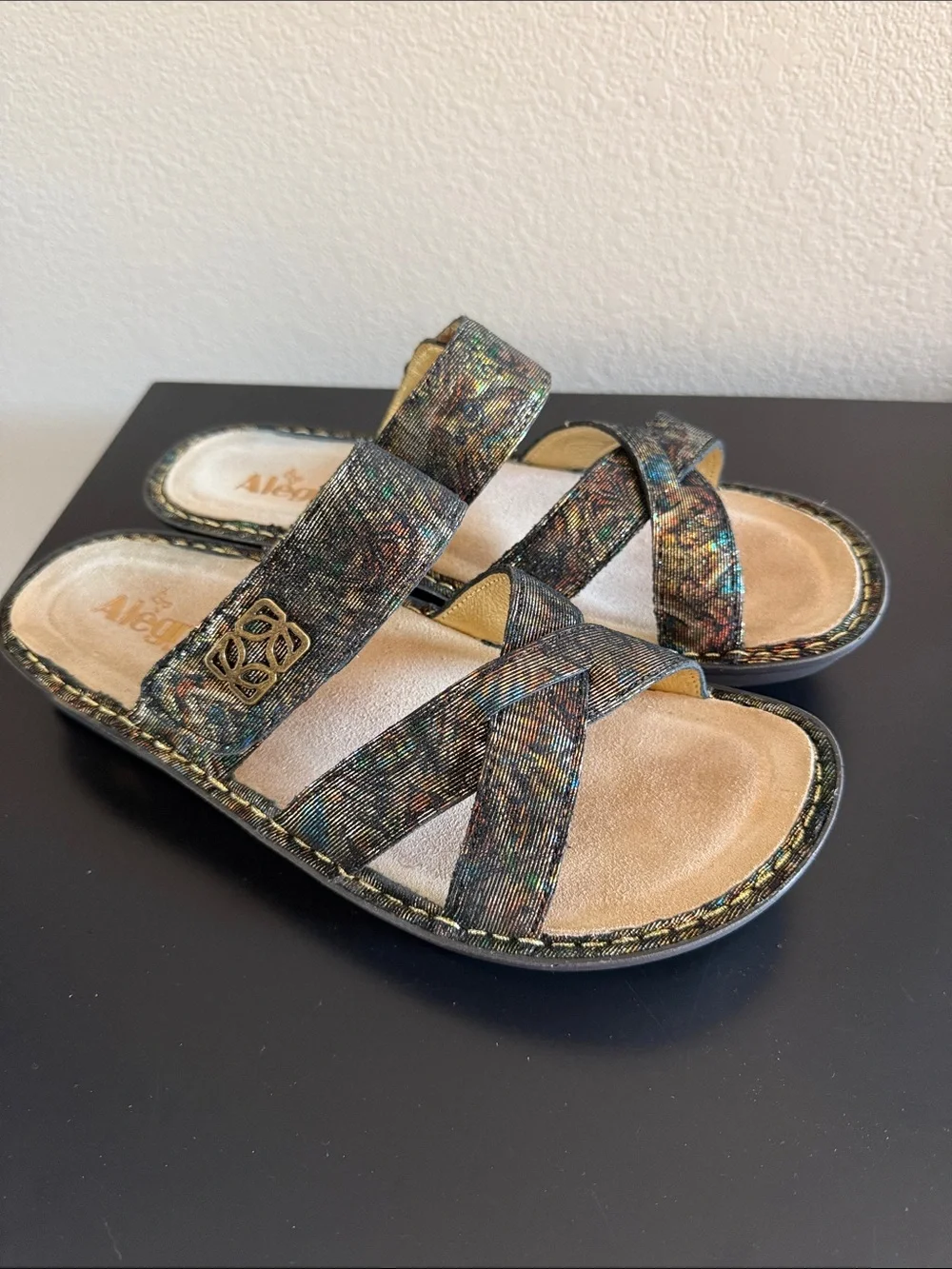 Alegria Women’s Metallic Multi-Color Cross-Strap Slide Sandals